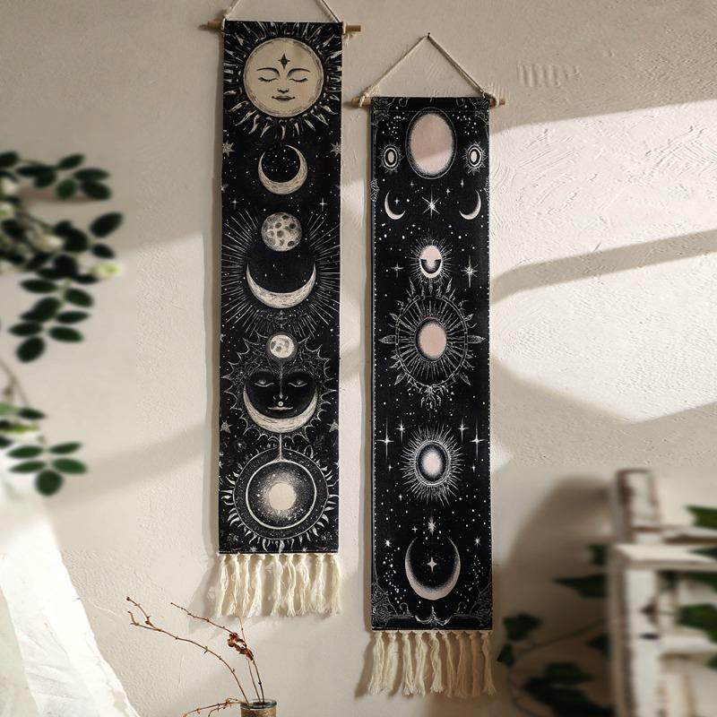 1pcs Bohemian Sun Moon Printed Tapestry Hand-Woven Fringe Wall Hanging Minimalist Home Living Room Background Wall Decor