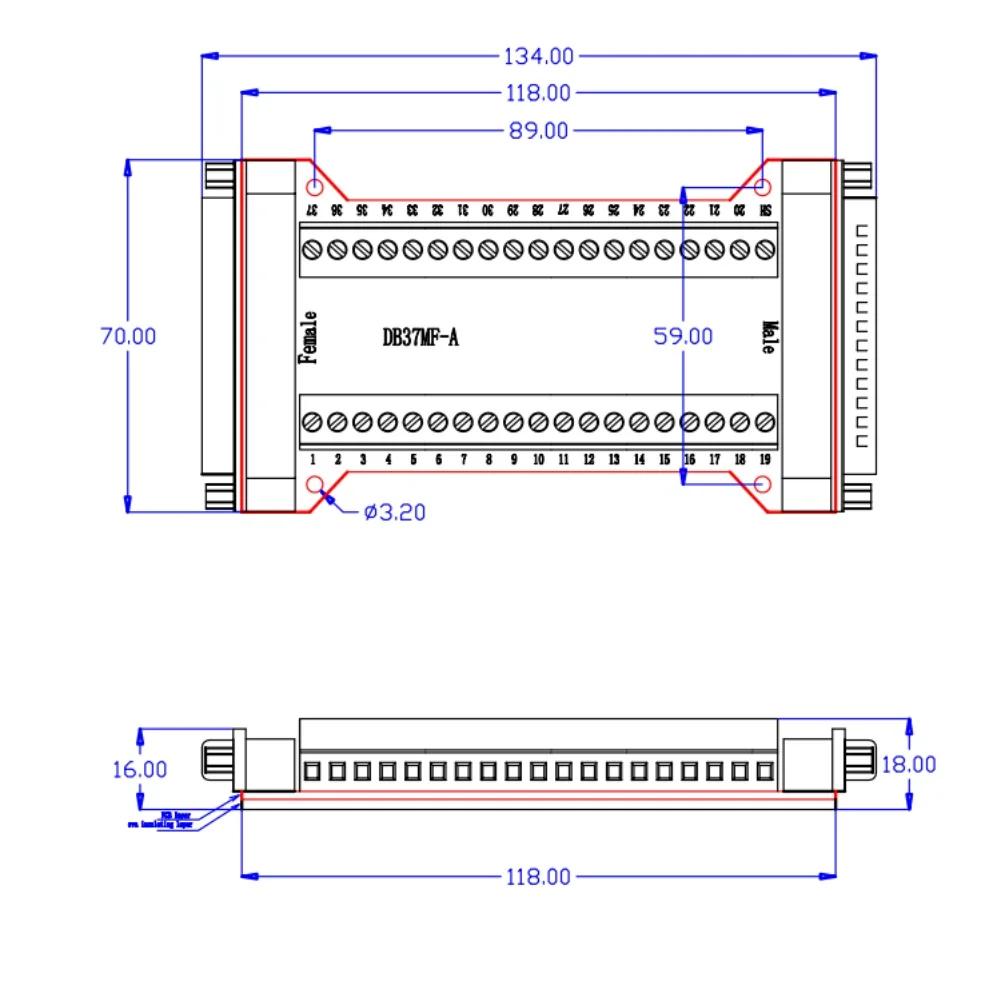 Solderless DB37MF-A Terminal Block Adapter Board Providing Easy Male/Female Connector Matching for Electronics