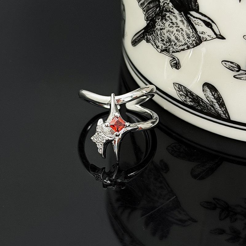High-Value Diamond-Encrusted Zircon Bead Pentagram Open Ring Stacked With Niche Design Ring Woman