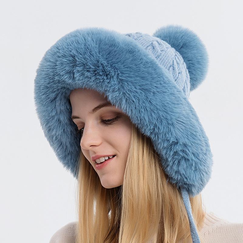 Winter Cute Warm Knitted Hats for Women Cartoon Cat's Ears Two Balls Earflap Cap Plush Fluffy Thicken Warm Fur Beanie Hat Female
