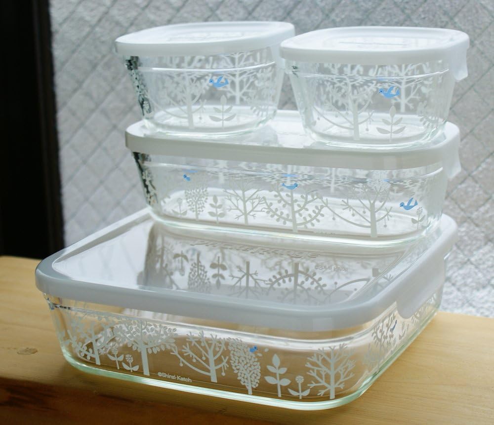 Iwaki Shinji Kato Petit Bois Glass Storage Holds 1 serving of Pack Microwave Heat-Resistant Container, Square, Small, 450ml, rice, & Safe, B3240-SNC1