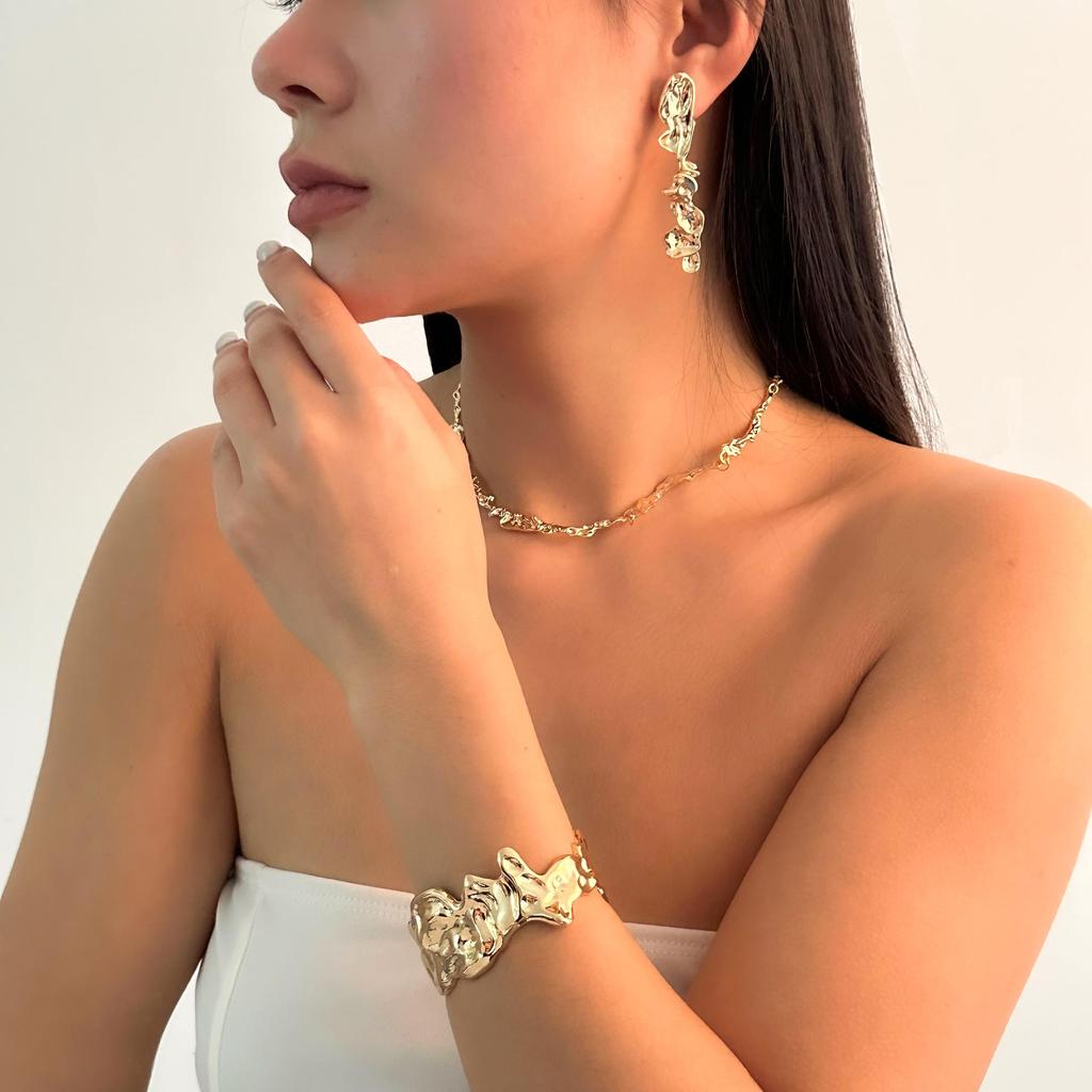 European & American Molten Lava Metal Necklace & Earrings Set: Irregular, Versatile, Exaggerated Design