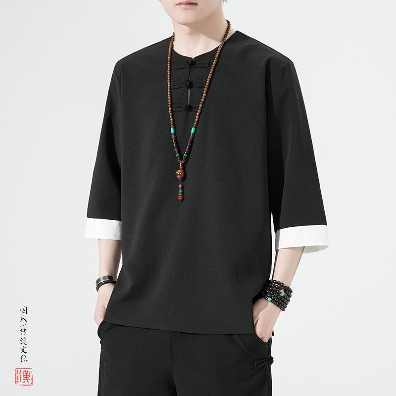 Men's Retro Plus Size Cotton Linen Hanfu T-shirt with Frog Button, Three-Quarter Sleeves