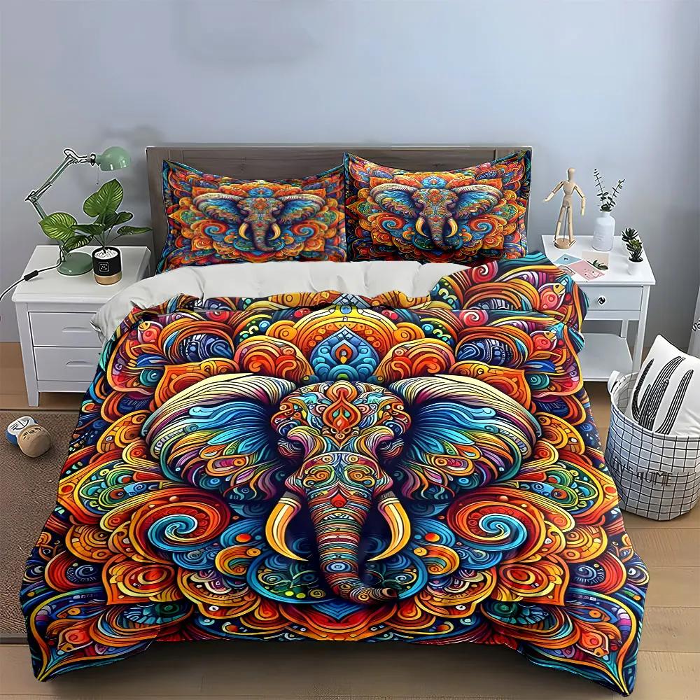 Colorful Elephant Art Set Decoration Bedding Set with 1 Duvet Cover 2 Pillowcases Single Double King Queen Gift