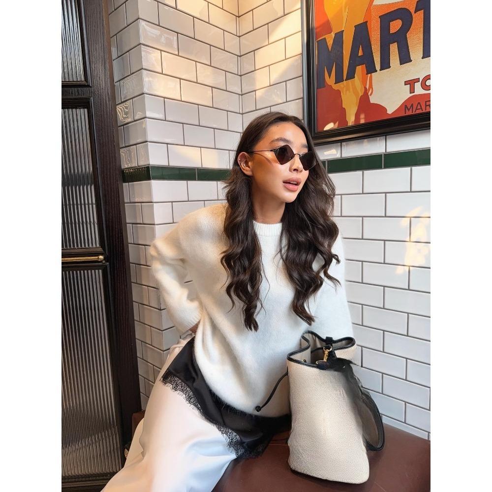 Fauler Stil Rundhals Faux Nerz Pullover Damen Frühling Herbst Locker Gestricktes Oberteil Premium Langarm Pullover