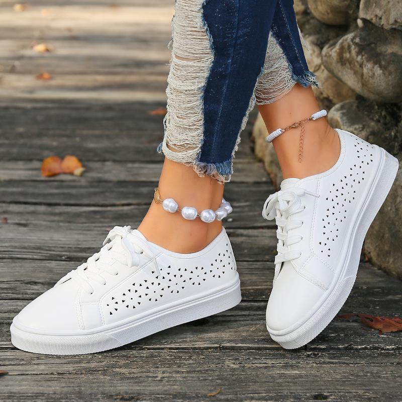 Damen Schnür-Sneakers für Erwachsene Hollow Low Atmungsaktiver Absatz Neue Mode Damenschuhe Einfarbig Herbst Frau Vulkanisierte Schuhe