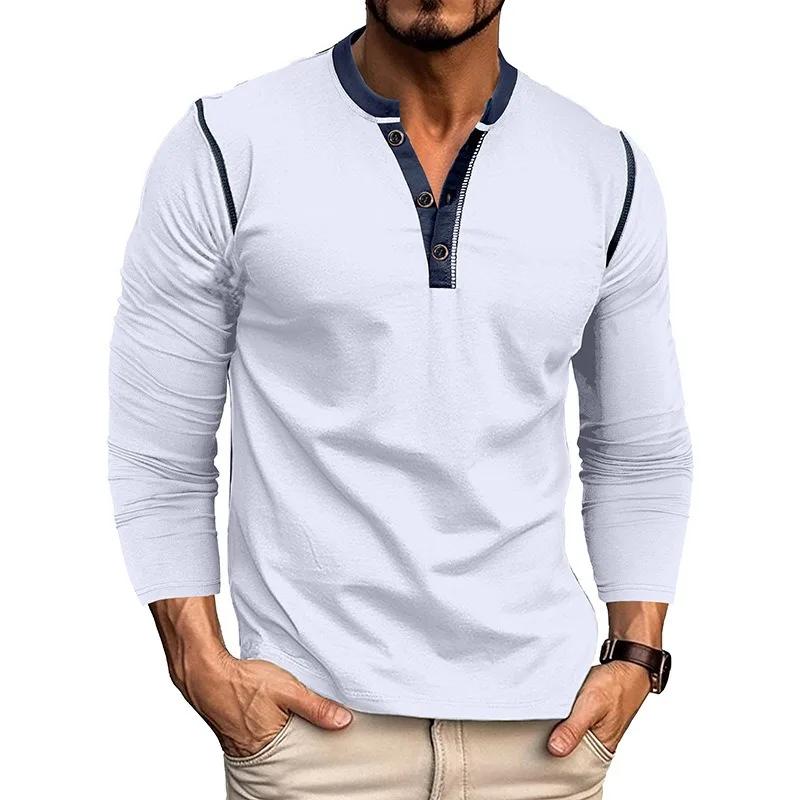 Herren T-Shirts Lässig Herbst Langarm Henry Shirt für Männer Retro Einfarbiges T-Shirt