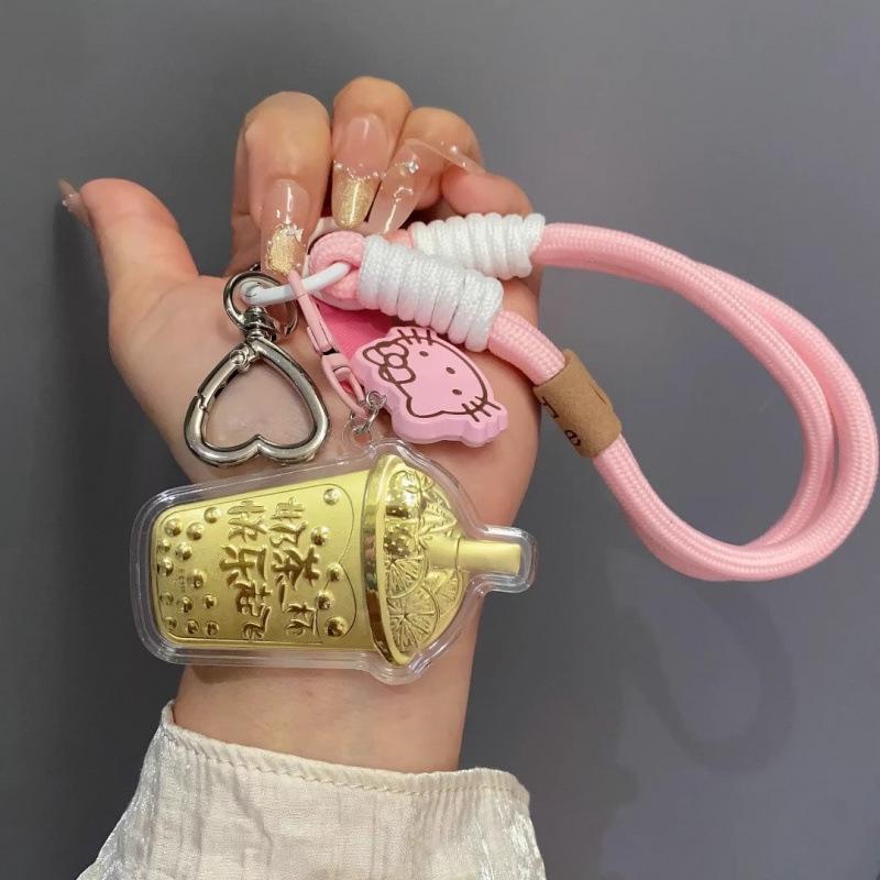 Gold Keychain Gift Set: Hamburger, Fries, Milk Tea, 20mg Pendant, Mobile Phone Lanyard Bag for Best Friend/Partner