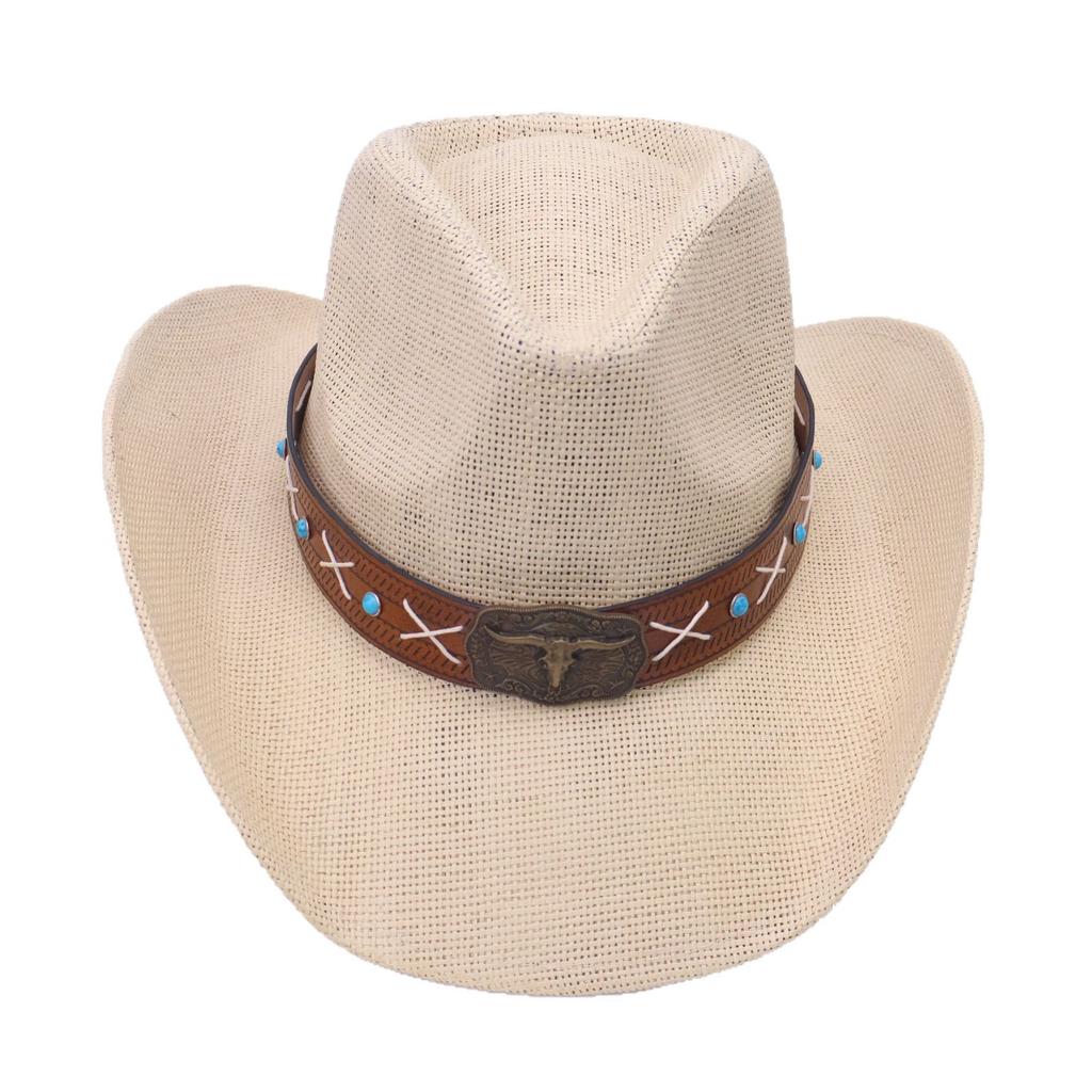 American Retro Bull Head Straw Woven Western Cowboy Hat Big Brim Straw Hat Men and Women Summer Sunshade Sun Protection Hat