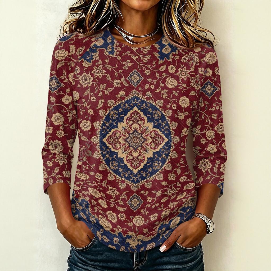 Women's Casual Floral Print Raglan Sleeve Round Neck Three-Quarter Sleeve Pullover T-Shirt
