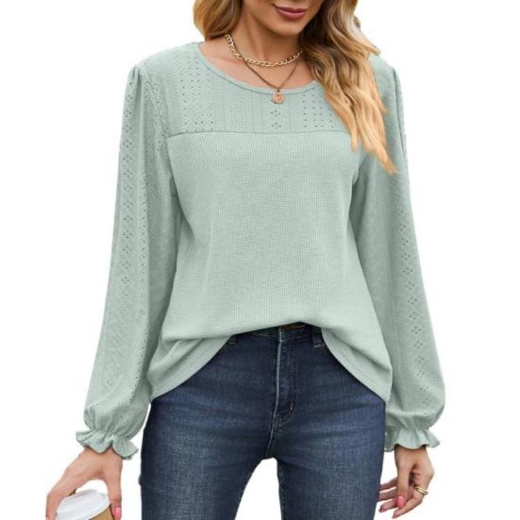 Breathable Mesh Long Sleeve Tops for Women Solid Color Puff Sleeve T Shirt Round Neck Casual Daily Wear