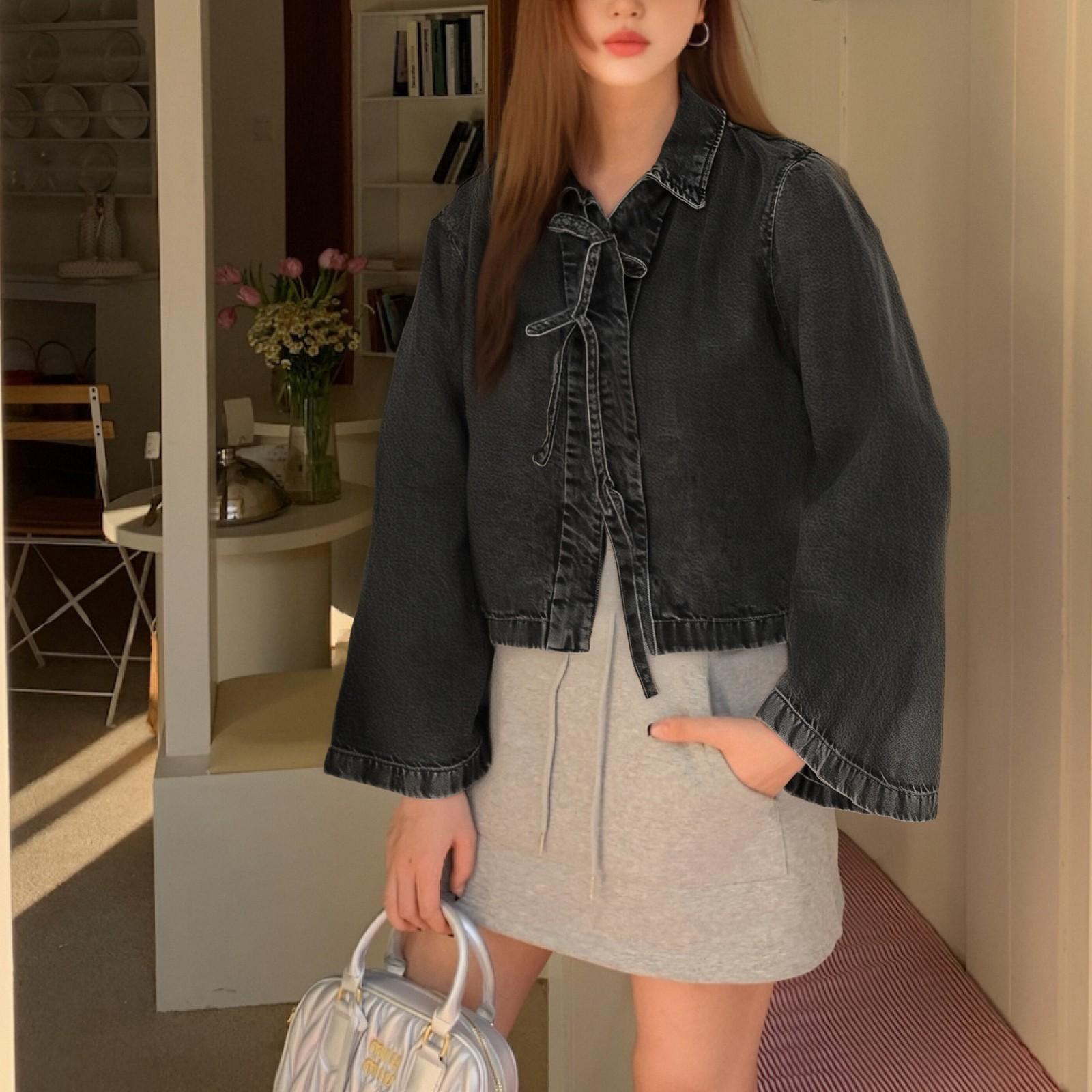 

Женская модная повседневная джинсовая куртка на шнуровке, однотонная куртка с длинным рукавом и лацканами L чёрный