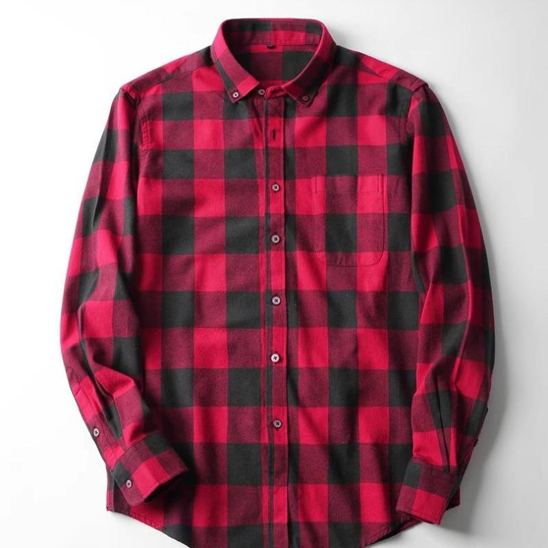 Men's Plaid Shirt - Pure Cotton Flannel, Long-Sleeved, Button Collar, Soft, Warm, Casual