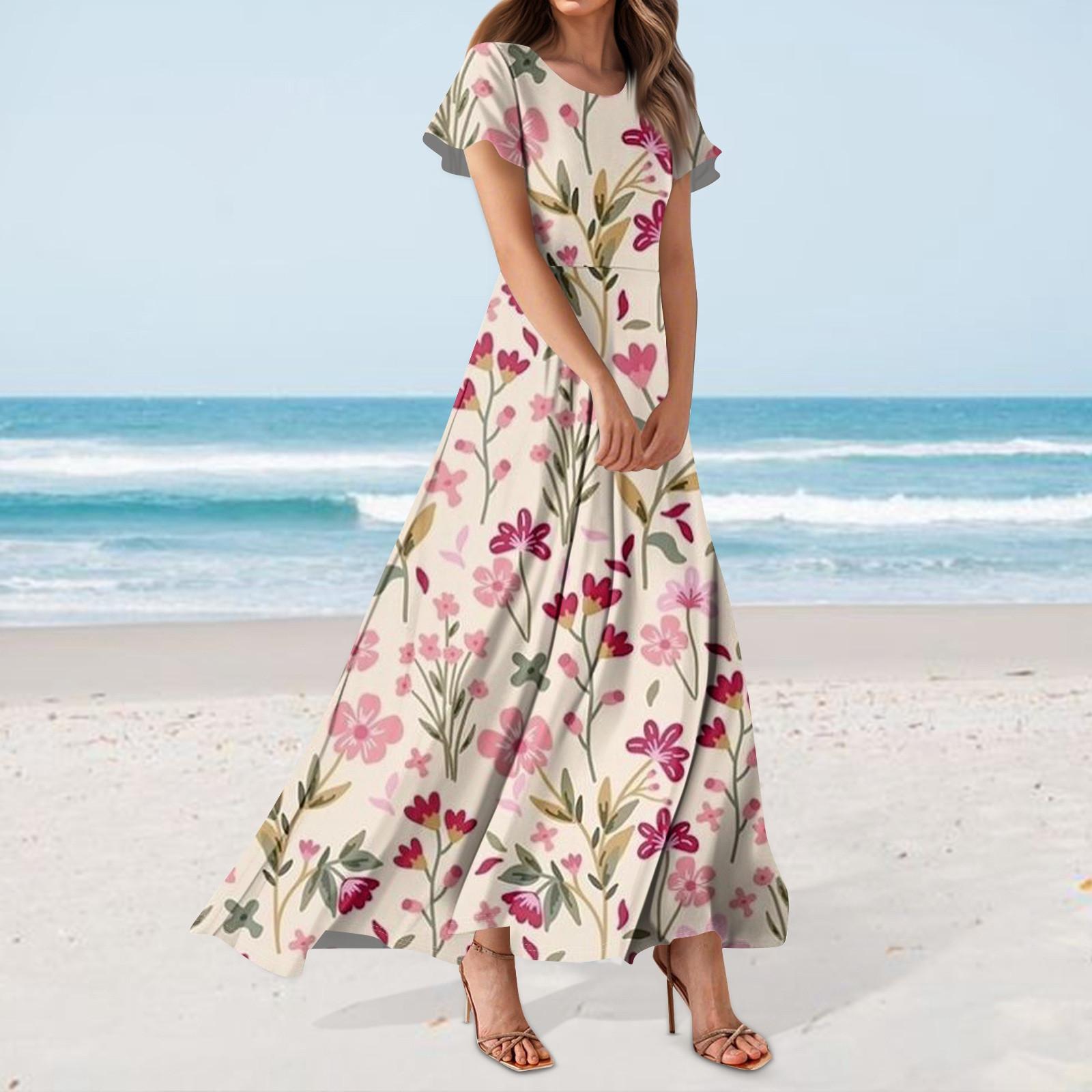 

Жіноча повсякденна сукня з гавайським принтом, круглим вирізом, коротким рукавом та завищеною талією M Кіновар