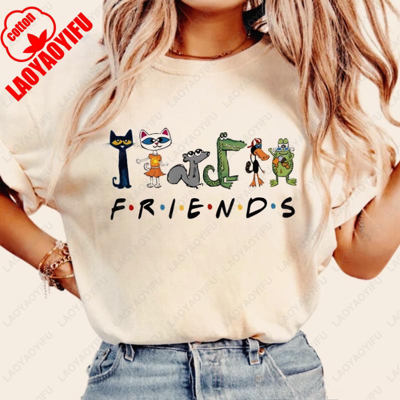 

Женская футболка Кот Пит и друзья Детская книга Футболка Толстовка Кот Груви Футболки для воспитателя детского сада Хлопковые топы Ropa Mujer 4XL