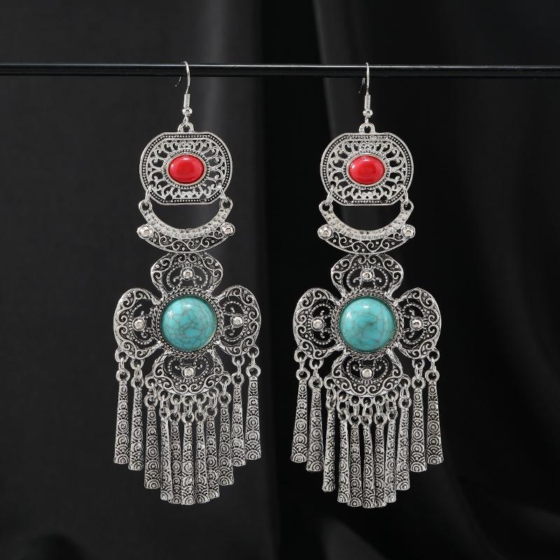 Tibetan Exaggerated Earrings Women's Bohemian Retro Personality Exotic Long Fringed Yunnan Earrings