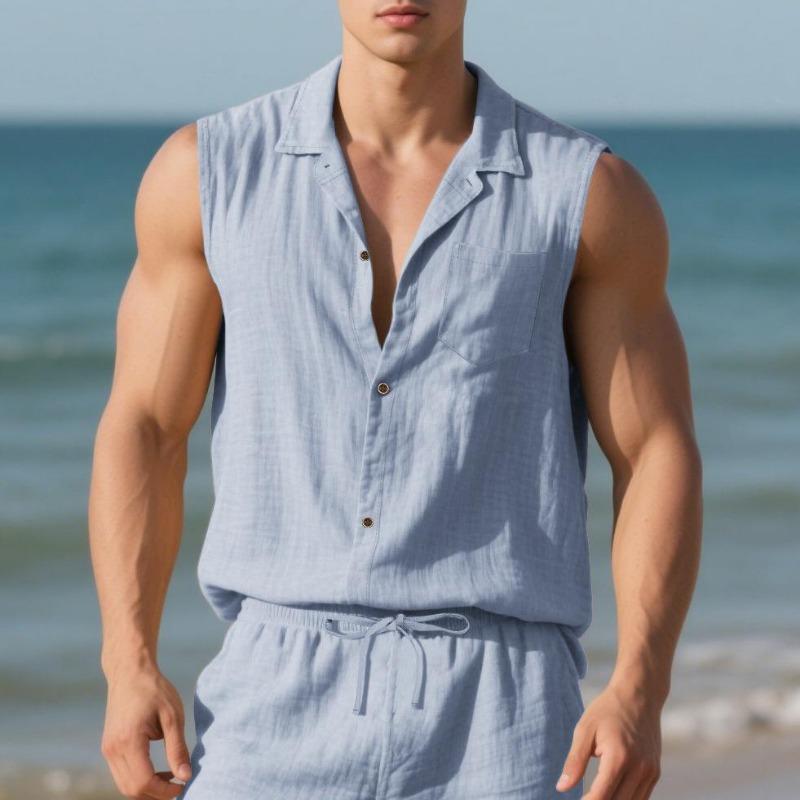 Modny klapowy męski nowy letni produkt luźny lniany prosty casualowy bezrękawnik kardigan koszula plażowa