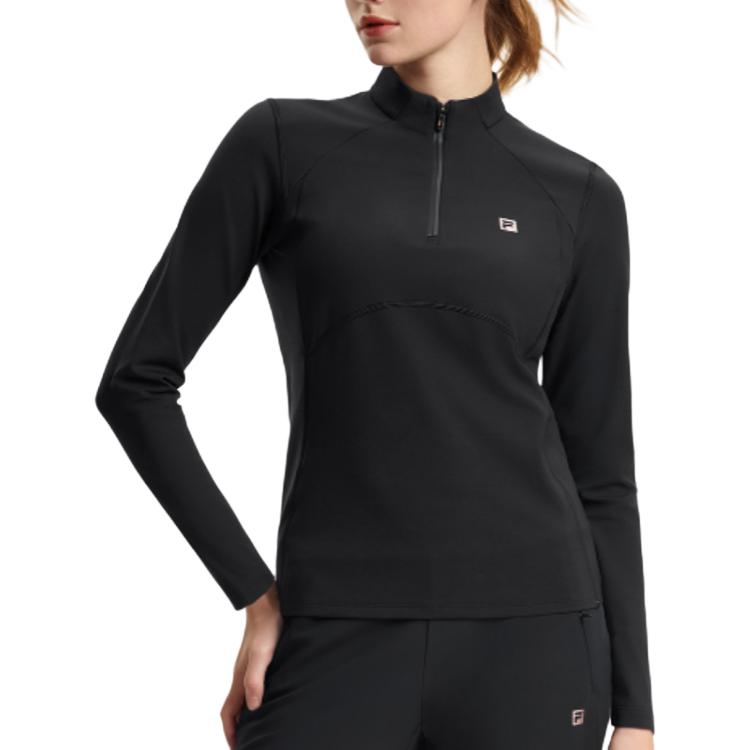 Fila Fitted Solid Color Comfortable Stand Collar Long Sleeve T-Shirt Women Tops Deep-Black A11W511205F-BK