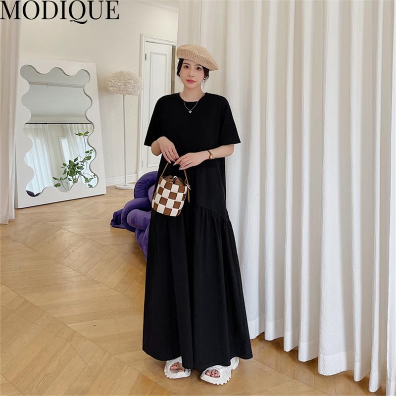 MODIQUE Letní nadměrná velikost Nová košile Dámské Volné Pevné Spletené Bavlněné Povlečení Šaty A-Line Ležérní Dámské Šaty s výstřihem do O Krátký rukáv