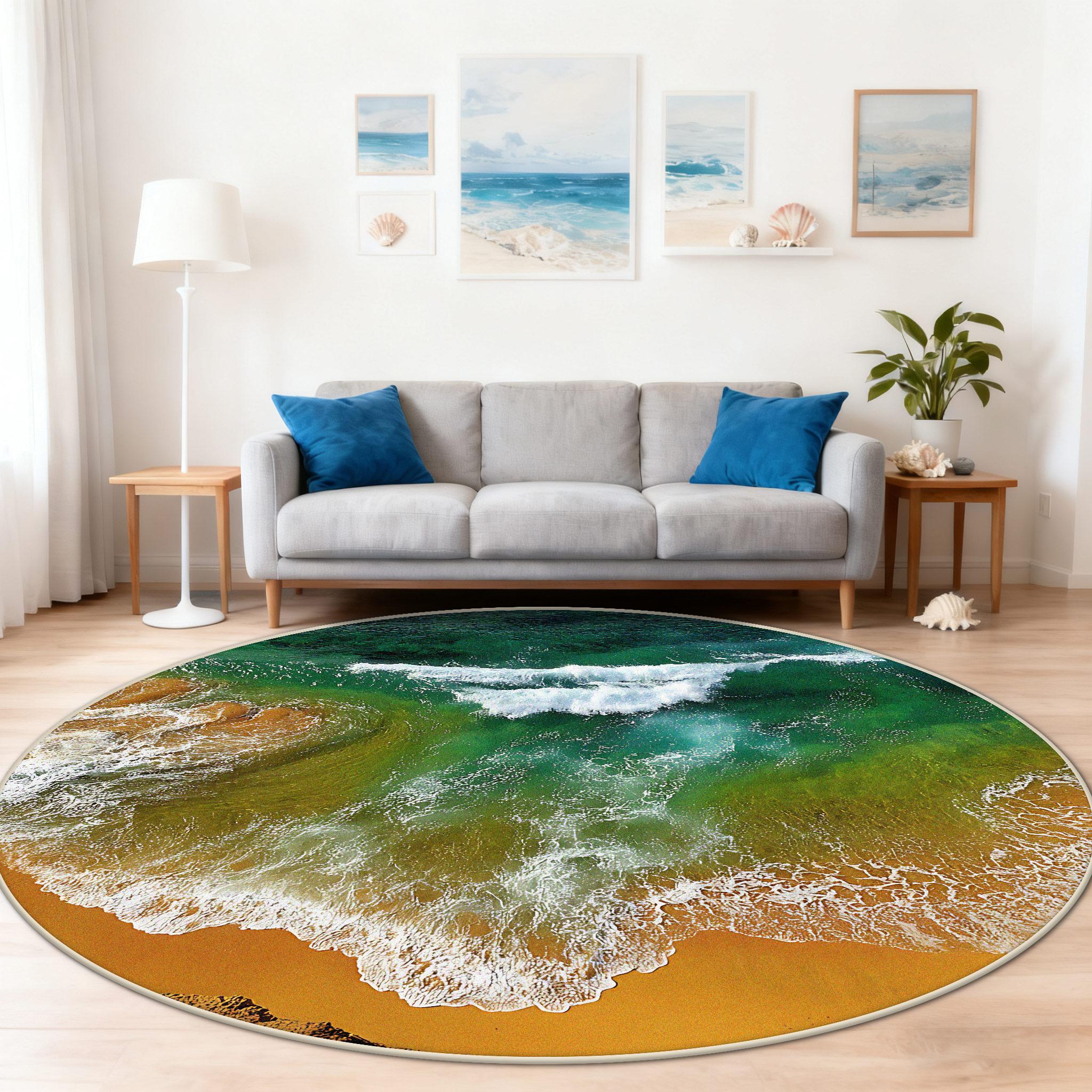 Rond KARPET VOOR WOONKAMER Zee strand Huisdecoratie Slaapkamer Nachtkastje Kleedkamer Studeerkamer Wasbare Stoelmat Antislip Zacht 2.6ft(80x80cm)