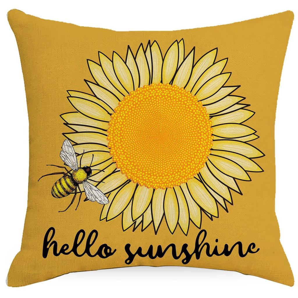 New Sunflower Flowers Bee Printed Linen Pillow Case Car Sofa Bedroom Living Room Pillow Case