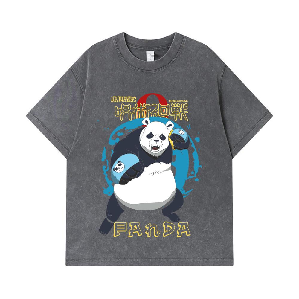 275 GSM Washed T-shirts 100% Cotton Jujutsu Kaisen V62 Panda Print Unisex Heavy Cotton T Shirt