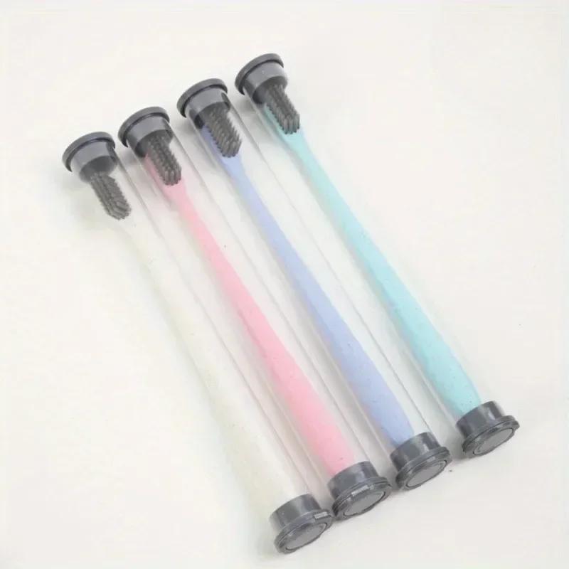 1Pc Bamboo Charcoal Toothbrush Disposable Wide Head Soft Bristle Straw Toothbrush Travel Cylinder Installation