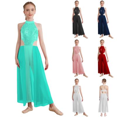 All-in-One Latin Dance Costume for Kids: Shiny Sequin Halter Top Jumpsuit, No Sleeves Backless with Built-in Practice Skirt