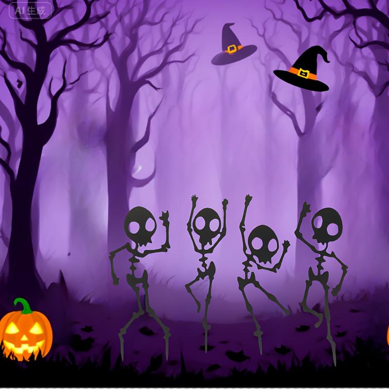 4pcs 2D Flat Printing, Dancing Skeleton Garden Stake Set, Halloween Decoration, Black, Outdoor Lawn Ground Plug Easy to Install