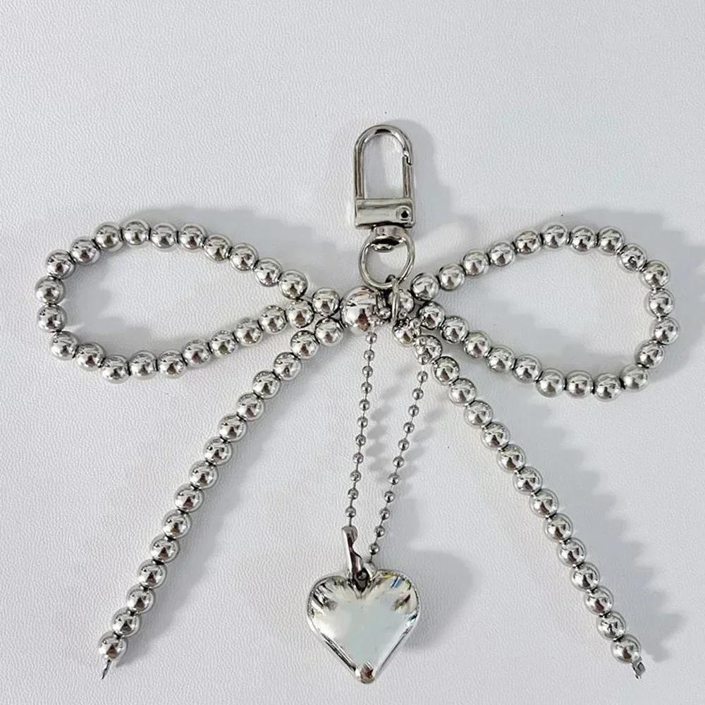 New Sweet Bowknot Heart Keychain Pendant Lovely Beaded Hanging Decorations Keyring Charm Phone Lanyard Phone Charm Bag Pendant