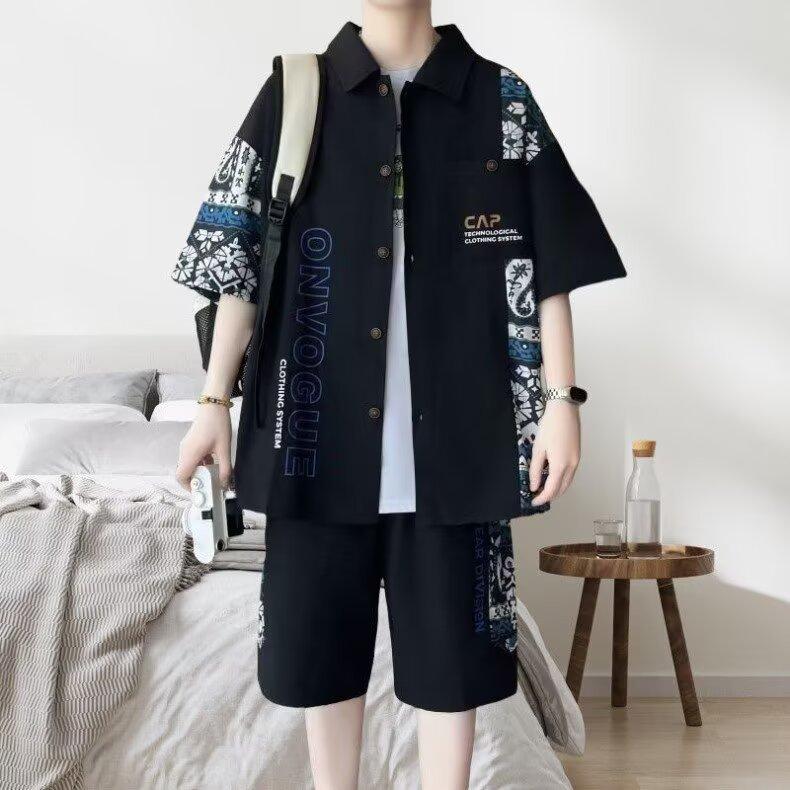 Summer Loose Fit Ort Sve Irt Set for Plump Men Lightweight Faionable Two-Piece Polyester Blend Elastic Fiber Silk Si