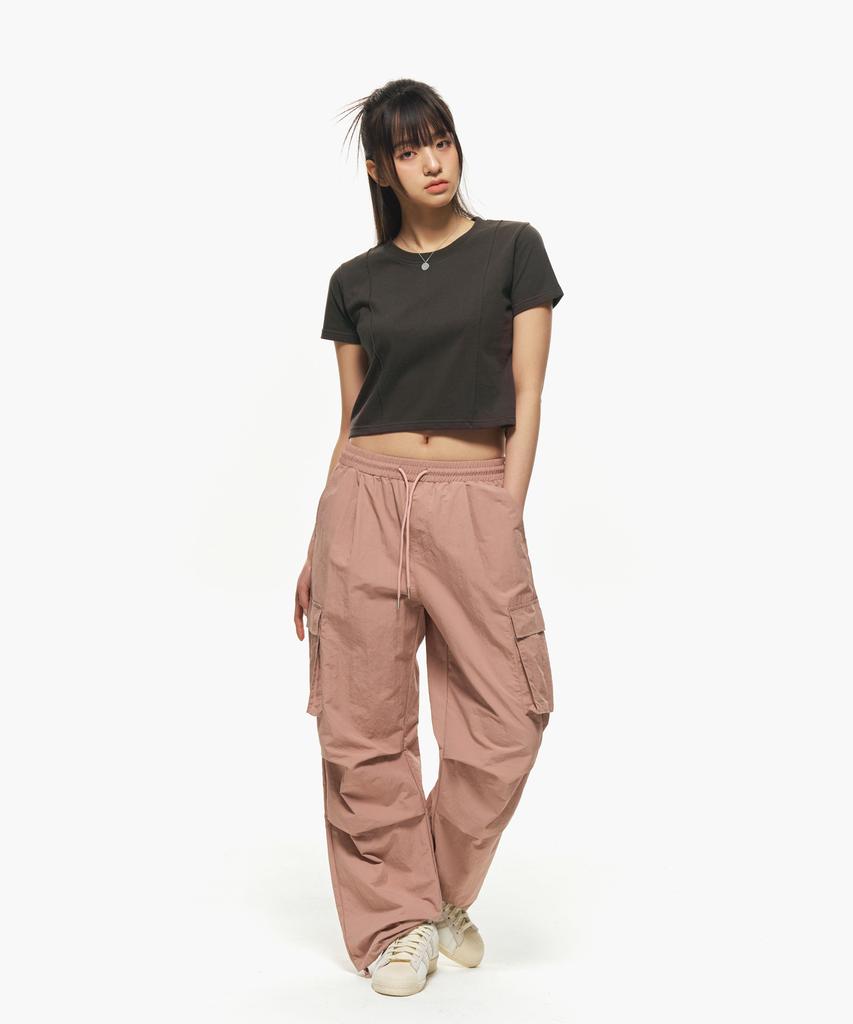 MOZMOZ Pintuck Print Crop Short Sleeve T-Shirt Charcoal