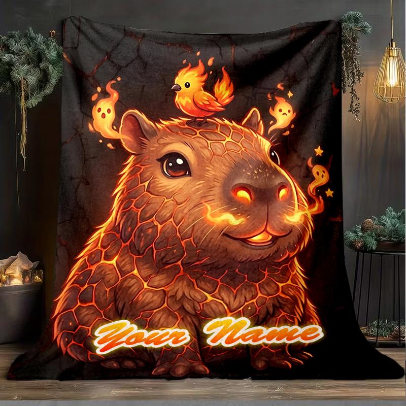 1PC Custom Name Luminous Capybara Birds Flannel Blanket Versatile,all-season Throw Suitable for the Living Room,bedroom,camping,travel,and Gift