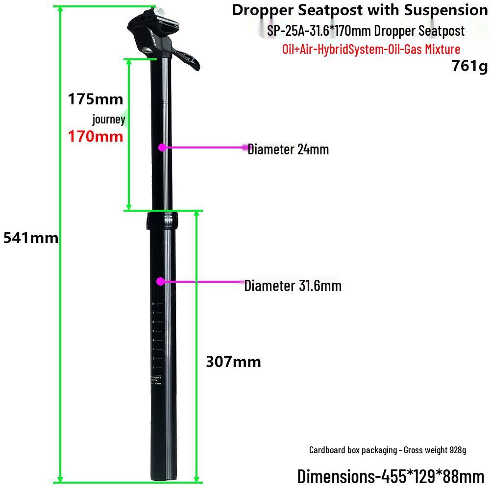Hydraulic Shock-Absorbing Seatpost for Mountain Bikes - Multiple Sizes Available