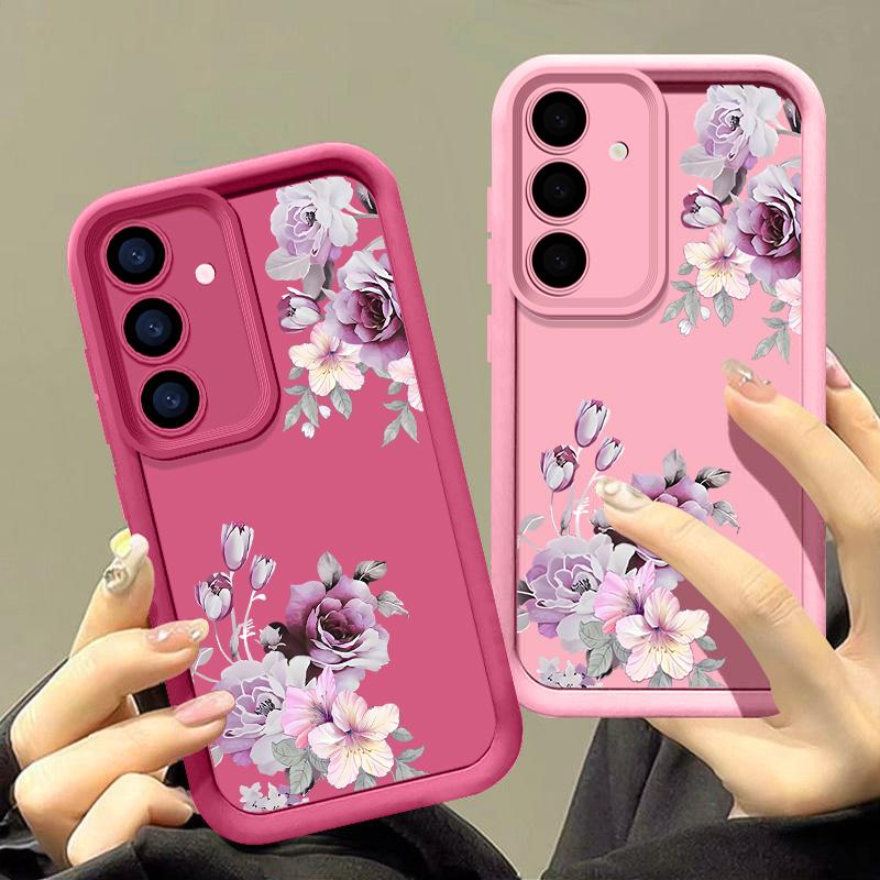 Purple Floral Print TPU Soft Phone Case For Samsung S25 Plus S24 FE S23 Ultra S22 A16 A15 A55 A56 A36 A35 A06 A05 A34 Matte Shockproof Bumper Cover
