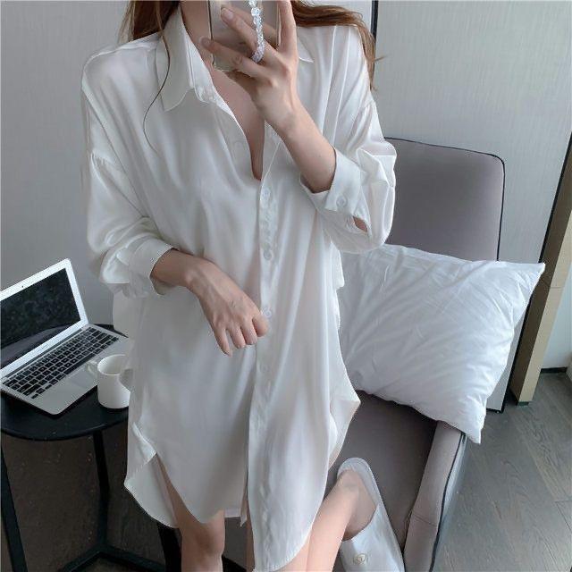 Sexy Sleepwear for Women In Spring and Autumn Ice Silk Shirt for Women Long Sleeved Sexy Sleepwear for Women