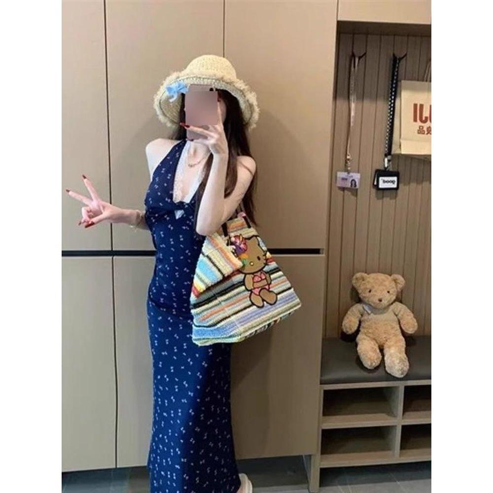 Floral Dress Summer Casual Temperament New Neck Blue Long Dress Niche Lace Skirt