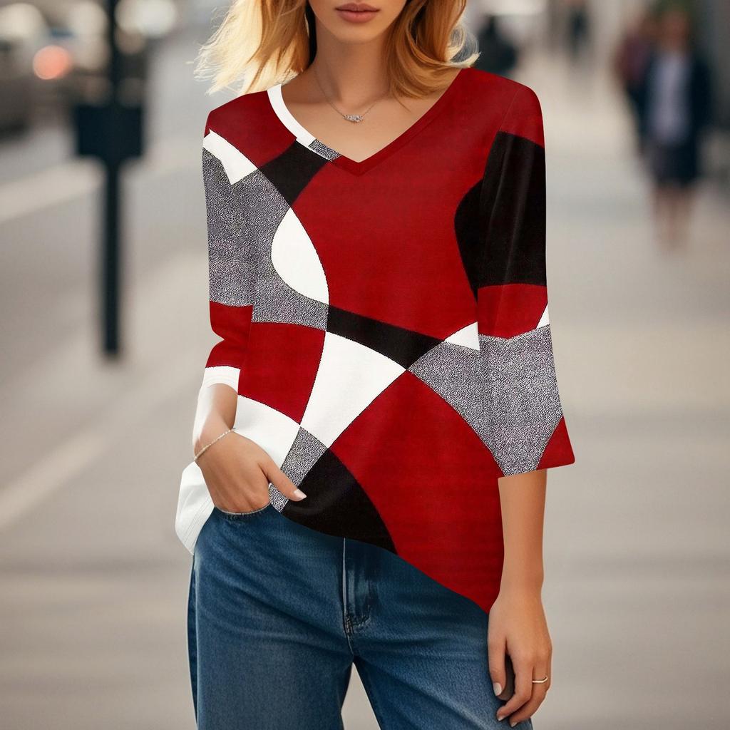 Womens Tops V-neck 3/4 Sleeve Blouses Casual Mid-length Shirts Fashion Print Tunic Tops