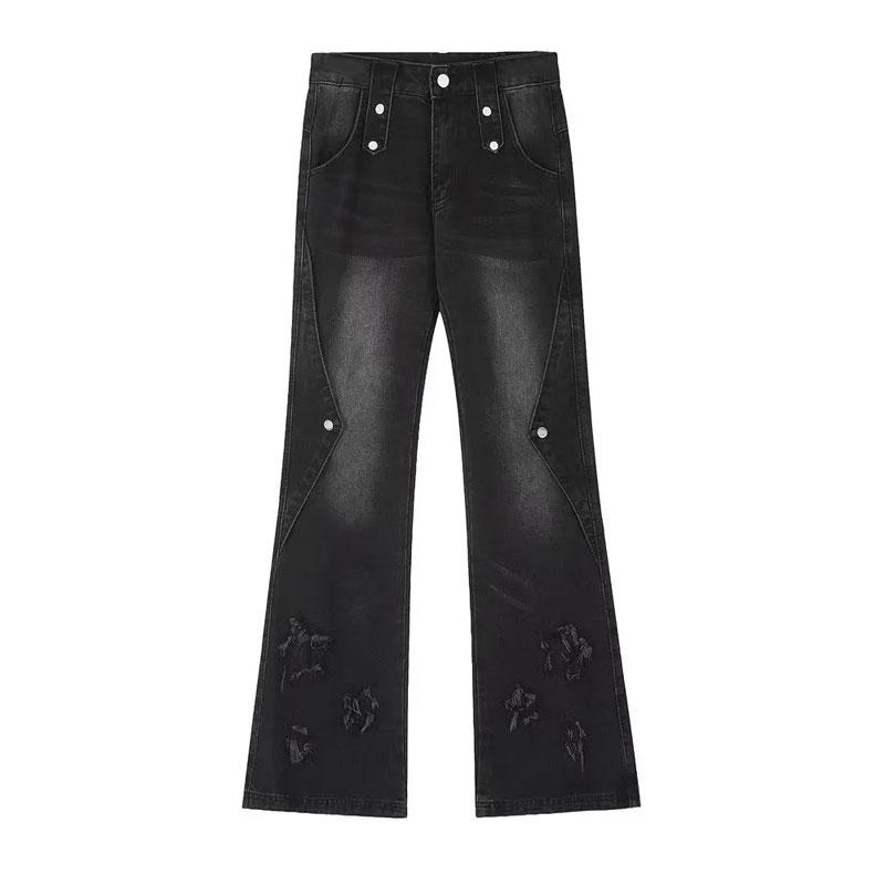 Jeans bootcut larges rétro High Street Automne Hiver Noir Délavé Vêtements Féminins Pantalons en Denim Chic Pantalons Boutonnés Raboutés