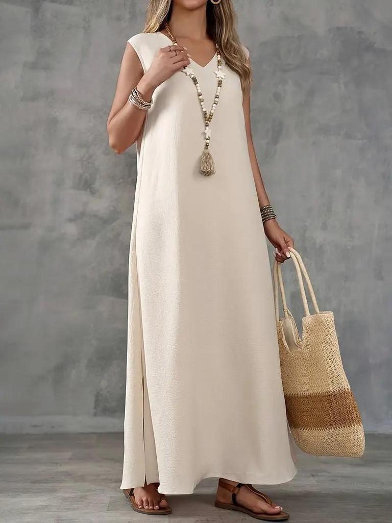 2026 Sleeveless V-Neck Solid Color Two-Piece Slit Dress for Women