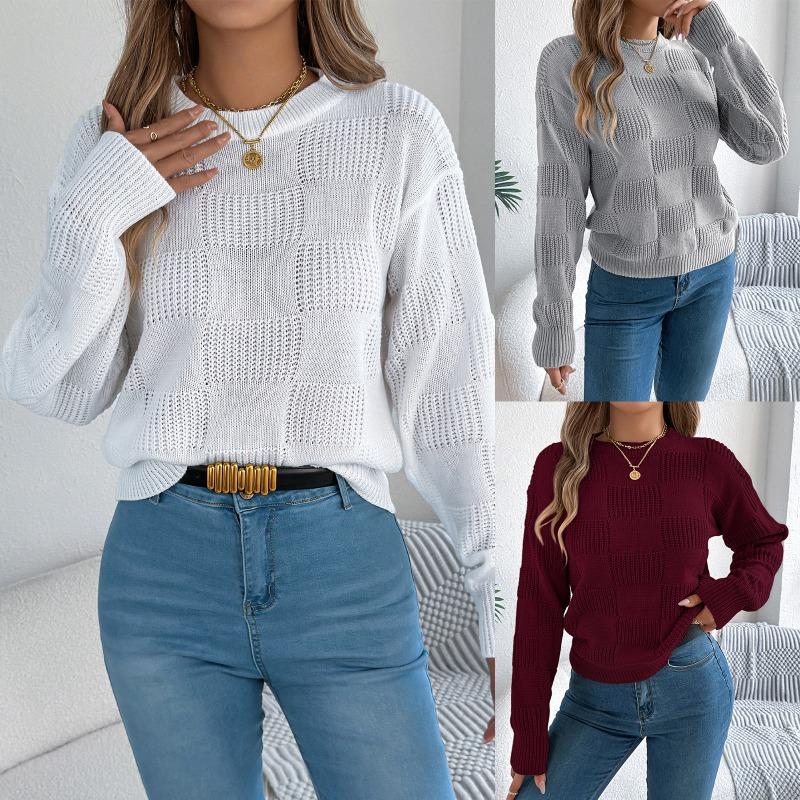 European American Style Solid Plaid Long Sleeve Pullover Sweater Women