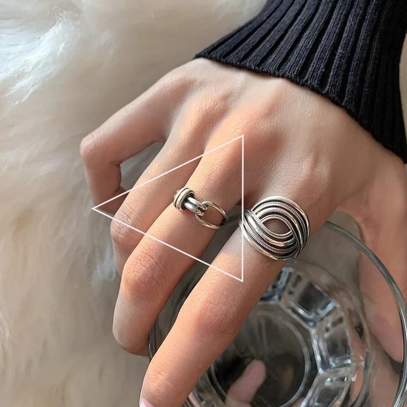 925 Silver Rings INS Fashion Hip Hop Vintage Couples Adjustable Jewelry Hollow Lines Punk Thai Silver Party