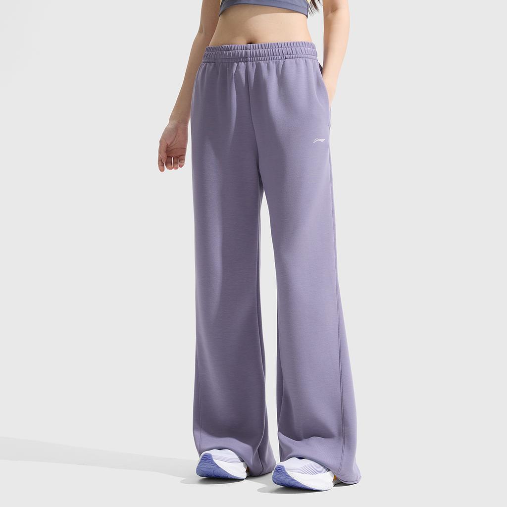 Li Ning Fitness Series Casual Simple Solid Color Flared Knit Sports Pants Women Bottoms Dark-Gray Purple AKLV718-2
