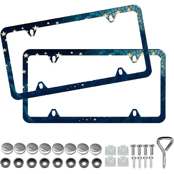 Light Blue Seashells Beachy License Plate Frame - Unobstructed Narrow-Edge 2 Packs Universal Stainless Steel Car License Plate Frames Holder Solid