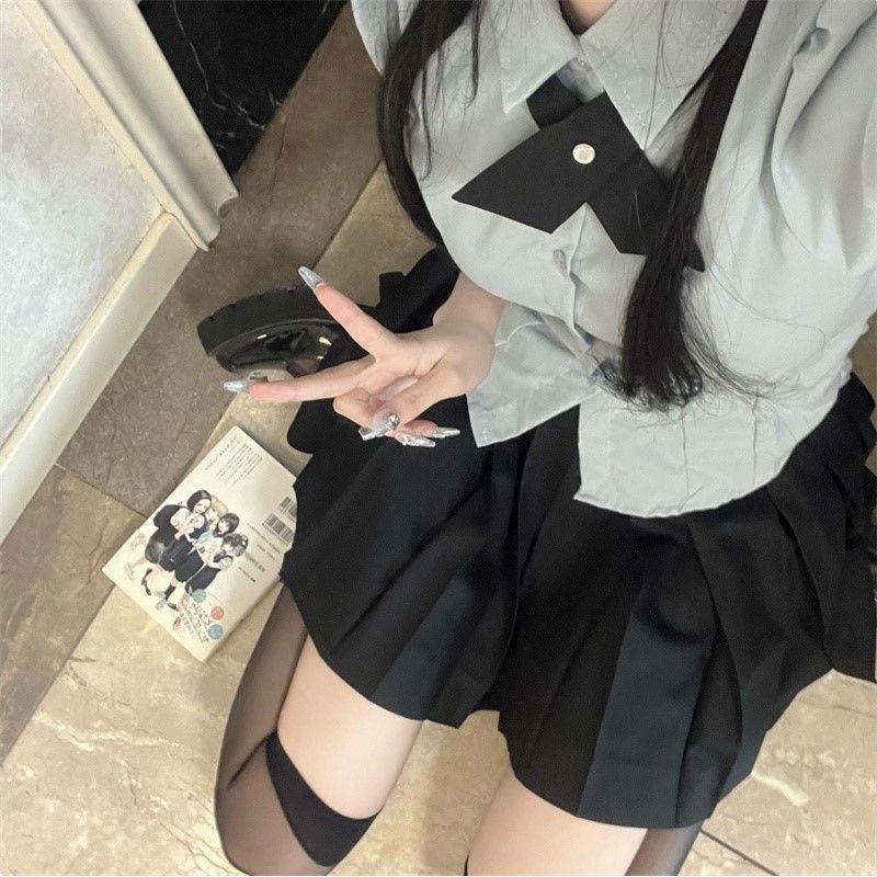 Damen Taillenformendes JK-Stil Hemd mit Puffärmeln & High-Waist Flauschiger Rock Set