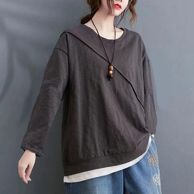 Women's Spring and Autumn New Spliced Pullover Loose Casual Tops Fake Two-Piece Solid Color Long Sleeve T-Shirts