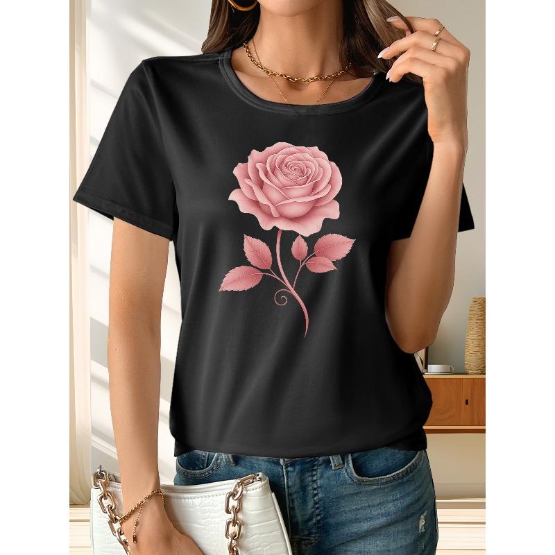 Europäische Größen Rosa Blume Aufdruck T-Shirt, Rundhals Kurzarm T-Shirt, Lässiges Lockeres Kurzarm Oberteil, DamenS tragen