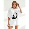 Black Oversized T Shirt With Cats On Moon Print For Casual Wear