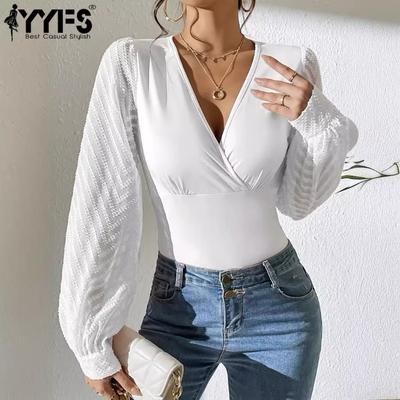 Damenmode, lässig, Frühling und Herbst, einfarbig, langärmelig, V-Ausschnitt, Blusen und Hemden