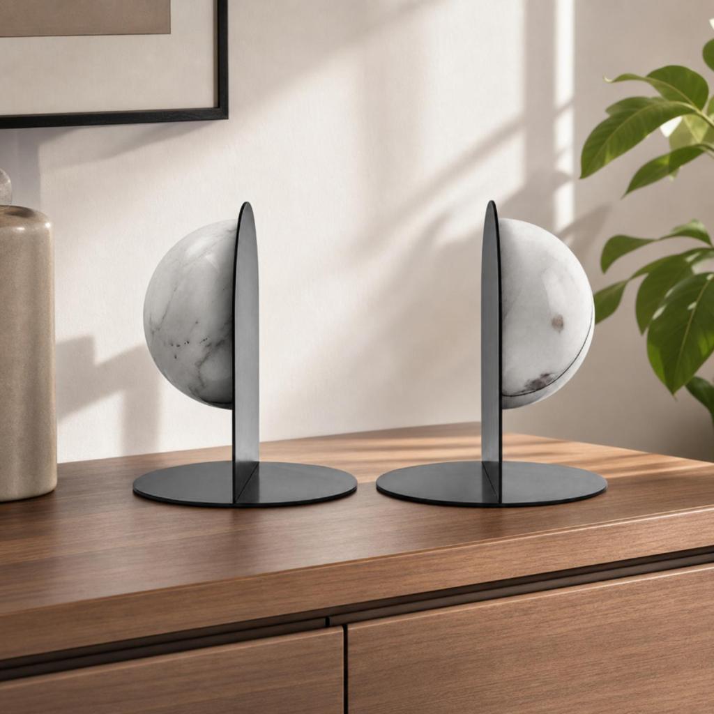 Round Bookends with Marble Sphere Modern Bookend Set Heavy Duty for Reading Nook